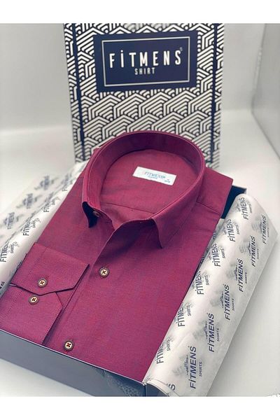 Fitmens Classic Long Sleeve Pocketless Linen Mens Gift Boxed Shirt Fs- 003043   - Burgundy
