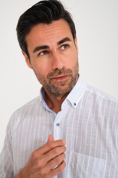 Fitmens Men's Shirt - Short Sleeve, Dobby Stripe, Flam Linen, Buttoned Collar, Gift Boxed Fs- 000678   - White a