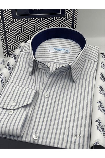 Fitmens Classic Long Sleeve Striped Gift Boxed Men's Shirt Fs- 003864   - White Navy Blue