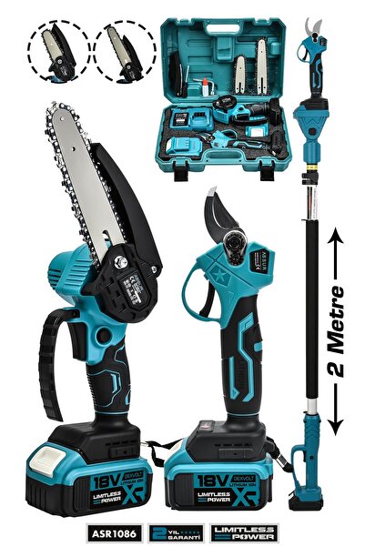 ASSUR Profesyonel 2'li Set 18v Çift Akülü Teleskopik Kollu Bağ Makası Ve Budama Testeresi Makinesi