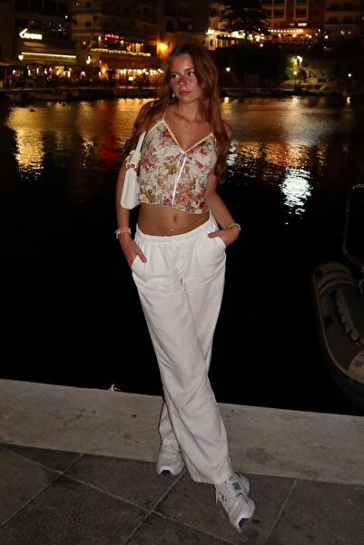 Madmext Beyaz Beli Büzgülü Wide Leg Kumaş Pantolon MG1950