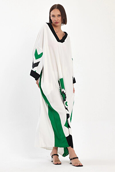 Denismoda Vp1034 V-Neck Print Detailed Plus Size Dress White