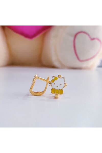 MAGRİB 22 ayar altın kaplama mineli klipsli sarı tokalı sevimli kedi model gümüş çocuk küpesi