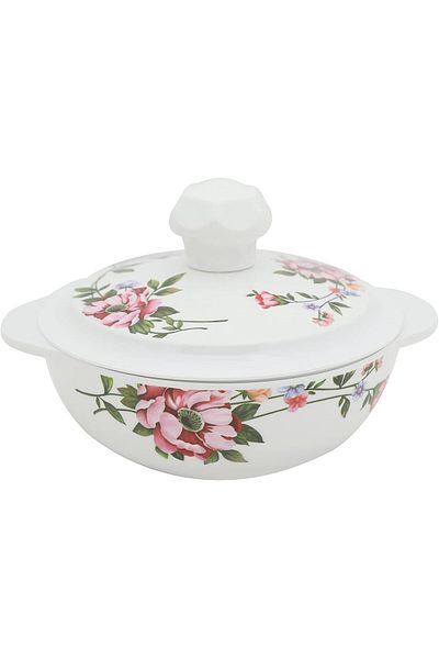 Abir Melamine Deep Round Bowl With Handles & lid 15 CM / 5.91 INCH White Floral Design For Food Kitc