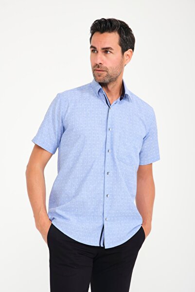 Fitmens Klasik Kısa Kol Açık Zemin Kutu Desen Keten Cotton Hediye Kutulu Erkek Gömlek FS-000745 - Mavi