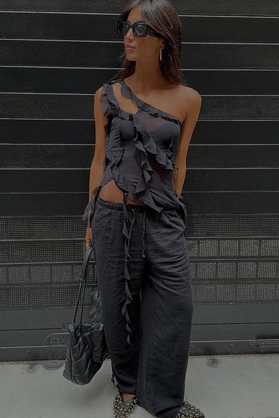 Madmext Black Drawstring Wide Leg Fabric Trousers Mg1950