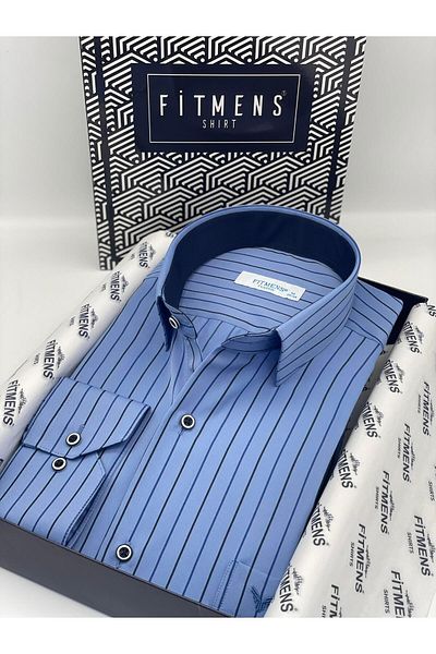 Fitmens Classic Long Sleeve Premium Striped Gift Boxed Men's Shirt Fs- 003272   - Blue