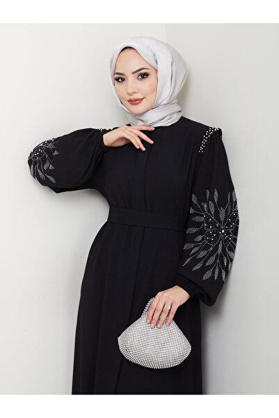 MY QILAM أزياء رقم 10 - فستان حجاب مزين بالأحجار، كتف وأكمام مرصعة بالأحجار -...