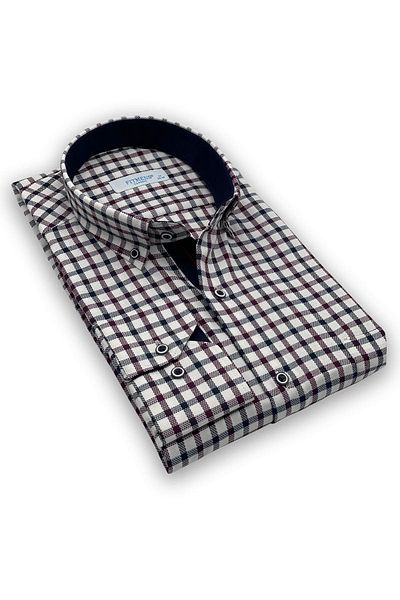 Fitmens Classic Long Sleeve Checkered Collar Buttoned Men's Shirt with Gift Box Fs- 002150   - Burgundy