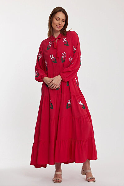 Denismoda VP926 Κέντημα Λεπτομερές Δικαστής Γιακάς Μακρύ Φόρεμα Βισκόζης ΡΟΖ