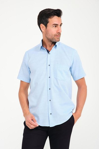 Fitmens قميص رجالي كلاسيكي بأكمام قصيرة على شكل حرف V من الكتان مع صندوق هدايا Fs- 001217   - تركواز