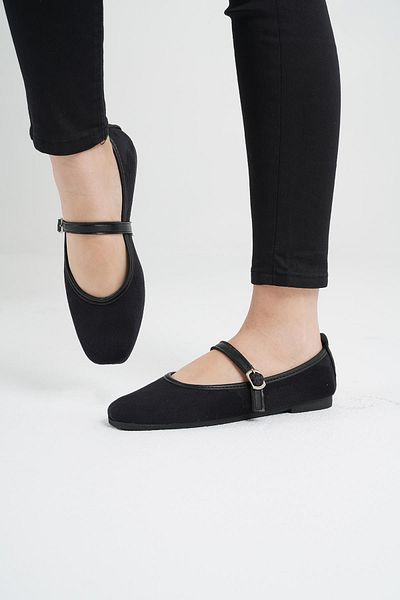 Beyond Women's Black Suede Daily Buckle Low Heeled Comfortable Ballerinas Byndmrj01