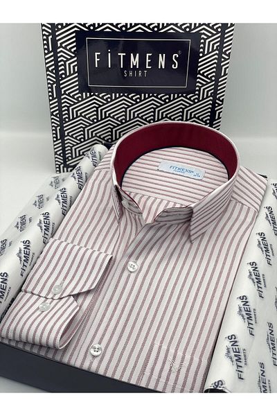 Fitmens Classic Long Sleeve Striped Gift Boxed Men's Shirt Fs- 003864   - White Burgundy