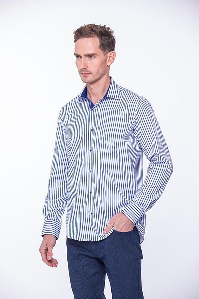 Fitmens Classic Long Sleeve Thick Striped Men's Shirt with Gift Box Fs- 001260   - White Saks Blue