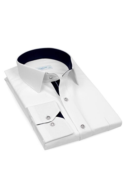 Fitmens قميص رجالي كلاسيكي بأكمام طويلة من فيلافيل بيتيرايلي سويفت مع علبة هدايا FS-001263 - أبيض وأزرق داكن