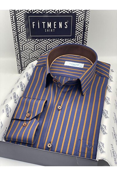 Fitmens Premium Stripe Men's Shirt - Long Sleeve with Gift Box Fs- 003941   - Navy Blue Coffee