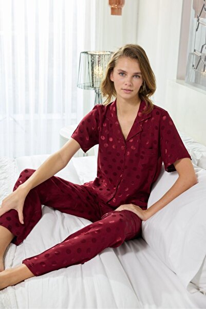 seamlife Set de pijama pentru femei, bordeaux, cu nasturi în față, cu guler, ...