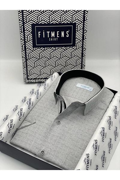 Fitmens Classic Short Sleeve Linen Cotton Patterned Cotton Gift Boxed Men's Shirt Fs- 003008   - Gray