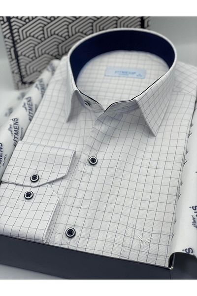 Fitmens Classic Long Sleeve Square Stripes Men's Shirt with Gift Box Fs- 002153   - White