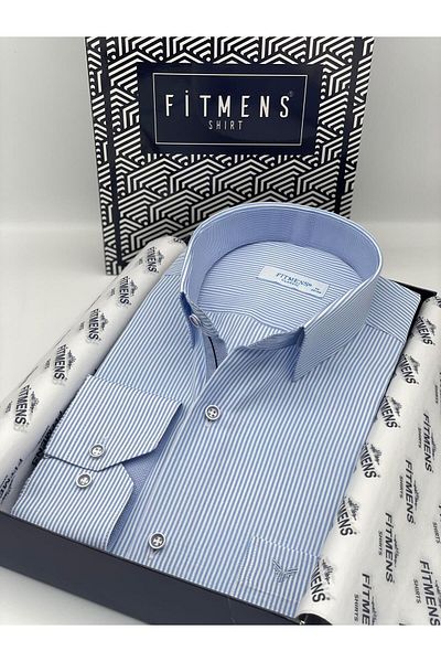 Fitmens Classic Long Sleeve Thin Striped Men's Shirt with Pockets Gift Box Fs- 003317   - White Light Blue