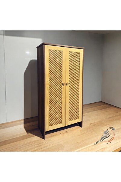 Serçedesign 2 Ahşap Kapaklı Ceviz Desenli Raflı Çok Amaçlı Dolap