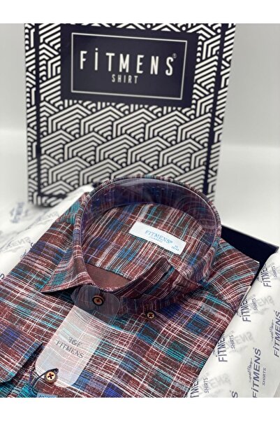 Fitmens Classic Long Sleeve Effect Plaid Linen Pocketless Collar Buttoned Bottom Men's Gift Boxed Shirt Fs-003173