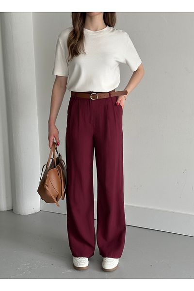 Laluvia Burgundy Double Pleated Belted Trousers - 3780