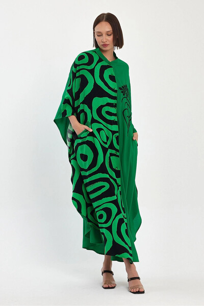 Denismoda VP1033 Φόρεμα πουκάμισο με στάμπα με γιακά, κέντημα Dty Plus Size ΠΡΑΣΙΝΟ