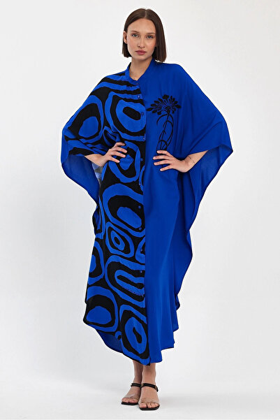 Denismoda Vp1033 Hakim Yk Print and Embroidery Dty Large Size Shirt Dress Blue