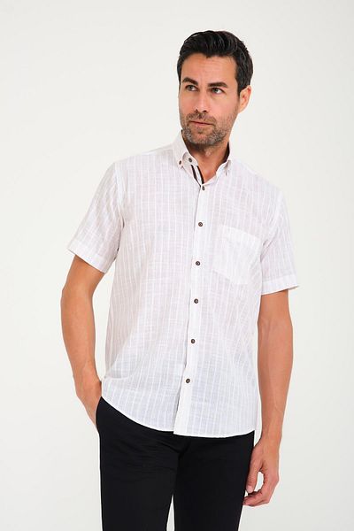 Fitmens Men's Ecru Shirt - Short Sleeve, Stripe, Flam Linen, Buttoned Collar, Gift Boxed Fs- 000678