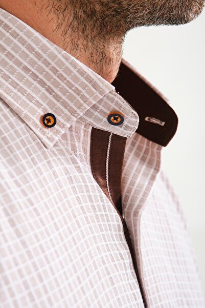 Fitmens Classic Short Sleeve Neon Square Collar Buttoned Men's Shirt with Gift Box Fs-001221 - Beige