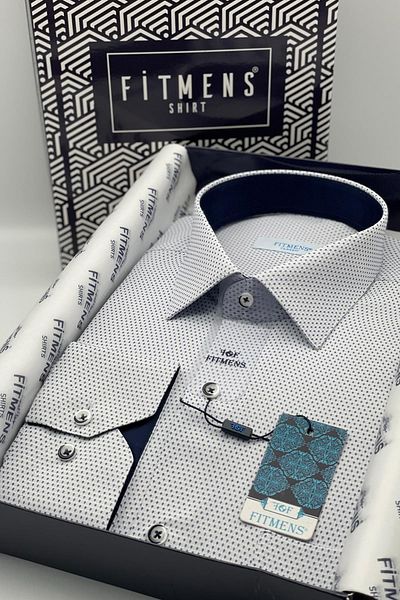 Fitmens Classic Long Sleeve Patterned Men's Shirt with Gift Box Fs- 002258   - White Saks Blue