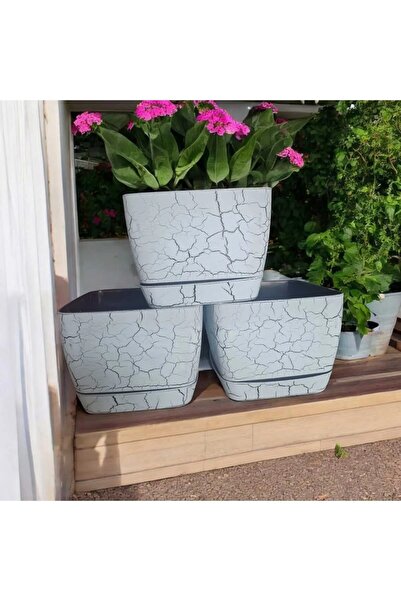 Favilla Floris Mermer Görünümlü Saksı Beyaz 18 Cm Tabaklı 3 Lt 3'lü Kare