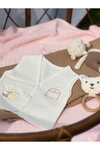 BETSY STUDIO Teddy Bear Embroidered White Baby Quilted Vest Organic Cotton
