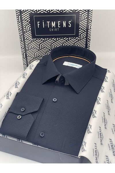 Fitmens Classic Long Sleeve Square Dobby Patterned Men's Shirt with Gift Box Fs- 002151   - Navy Blue