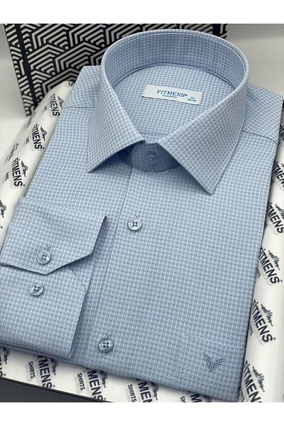 Fitmens Classic Long Sleeve Square Dobby Patterned Men's Shirt with Gift Box Fs- 002151   - Light Blue