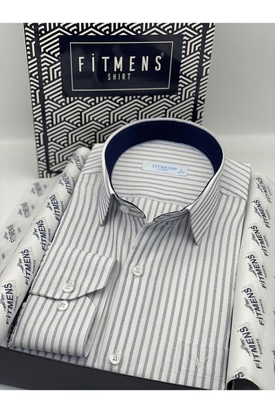 Fitmens Classic Long Sleeve Striped Gift Boxed Men's Shirt Fs- 003864   - White Navy Blue