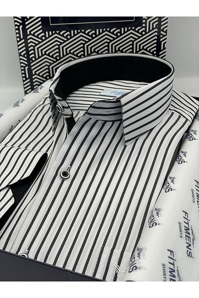Fitmens Classic Long Sleeve Thick Striped Men's Shirt with Gift Box Fs- 001260   - White Black