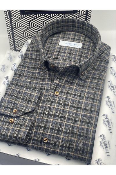 Fitmens Men's Winter Lapel Shirt - Long Sleeve, 100% Cotton, with Gift Box, Black Beige Fs- 003764