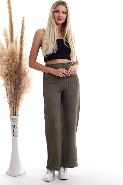 Cotton Mood 20333459 Linen Stripe Patterned Pocket Trousers Khaki