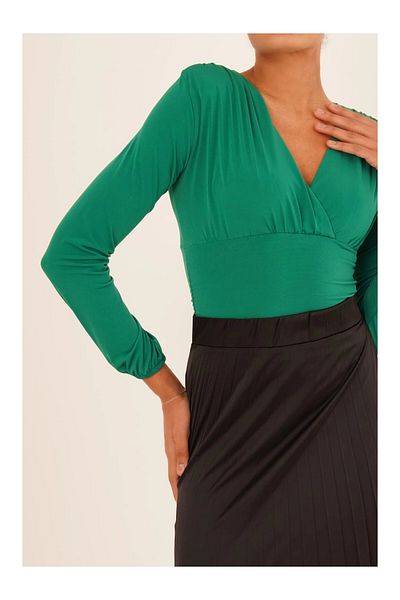 Cotton Mood Green Long Sleeve Blouse - Sandy Double Breasted Collar Shirred Padded
