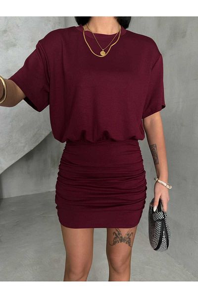 aytenli Crew Neck Short Sleeve Top Loose Bottom Side Shirring Tight Mini Length Modal Dress