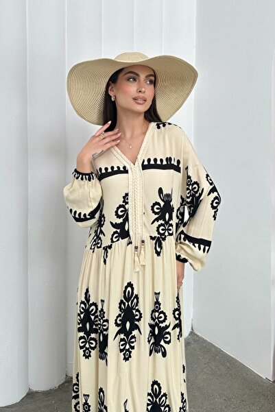 msm fashion Kadın Elbise Uzun Yazlık Desenli V Yaka Tesettür Elbise