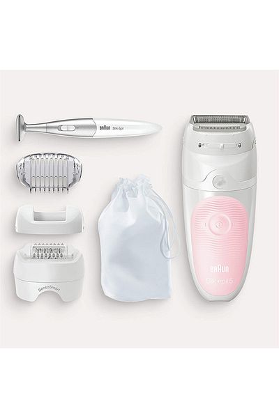 Braun ماكينة إزالة الشعر Silk-Epil للاستخدام الرطب والجاف مع 4 قطع ملحقة بما في ذلك أداة تشذيب البكيني - وردي