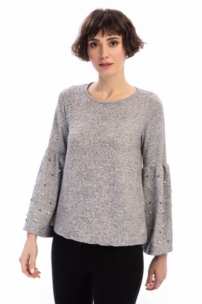 Cotton Mood 8490985 Yumoş Sleeve Wide Flounce Pearl Blouse Gray