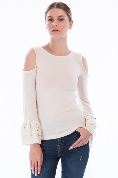 Cotton Mood 8360996 Yumoş Off-The-Shoulder Sleeve Double Ruffle Pearl Blouse Beige