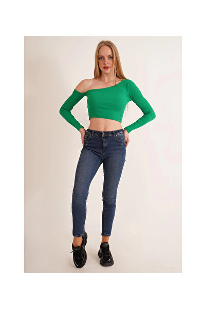 Cotton Mood 23254281 Ribbed Knit One-Shoulder Long Sleeve Blouse Green