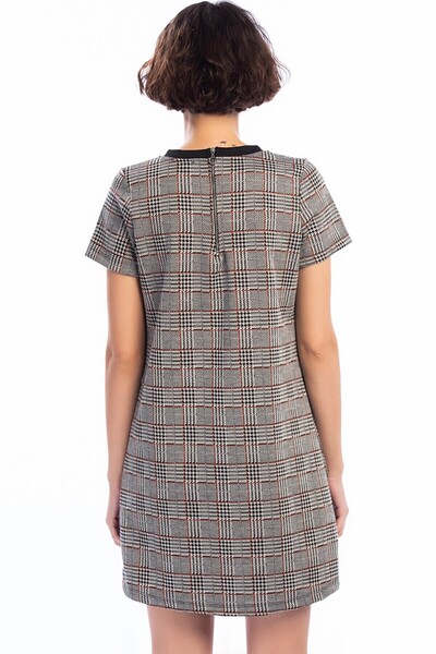 Cotton Mood 8402772 Jacquard Plaid Patterned Zippered Back Dress Plaid Gray