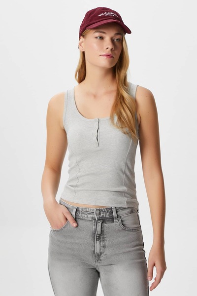 Ritnice Women's Jayla Corset Look Buttoned Ribbed Sleeveless Gray Blouse