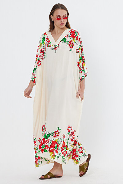 Denismoda VP3062 Φόρεμα με λαιμόκοψη σε σχήμα V, με σχέδιο, με μισό μανίκι, βισκόζη, ΚΡΕΜ